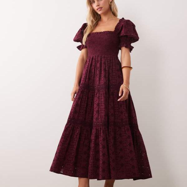 ミスセルフリッジ Miss Selfridge ミス・セルフリッジ・プチ パフスリーブ ブロデリー マキシドレス（フィグカラー） ワンピース レディース 女性 インポートブランド 小さいサイズから大きいサイズまで