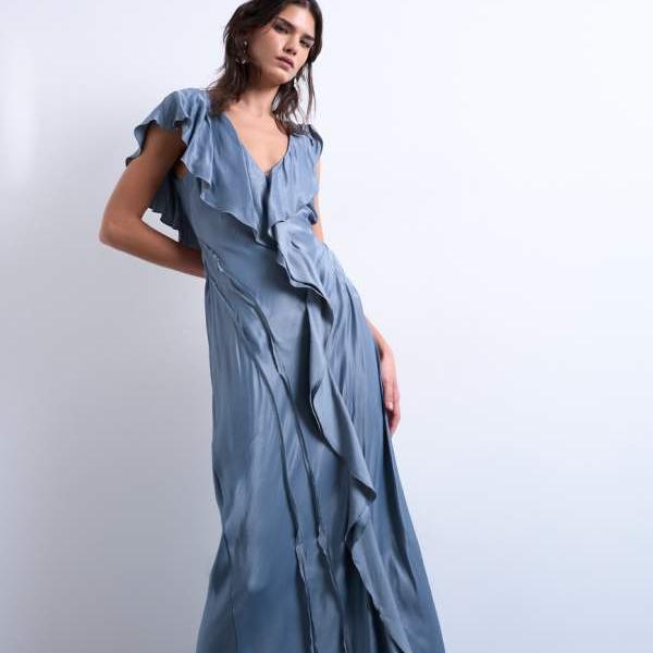 トップショップ Topshop TOPSHOP トップショップの、エアフォースブルーのフリルマキシドレス ワンピース レディース 女性 インポートブランド 小さいサイズから大きいサイズまで 27,734円