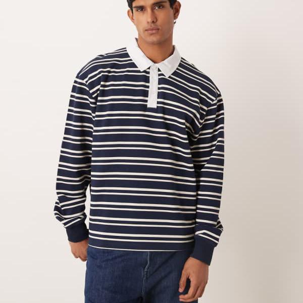 エイソス ASOS asos ASOS DESIGN 伸び伸びする相応う ラグビーポロスウェットシャツ（白と米国海軍の縞模様柄） トップス メンズ 成人男性 インポートブランド 弱められた大きさから馬鹿でかい大きさまで