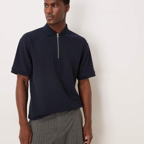 エイソス ASOS asos ASOS DESIGN ヘビーウェイト スポーツシャツ（ジップネック、ネイビーテクスチャ） トップス メンズ 成人男性 インポートブランド 弱められた大きさから馬鹿でかい大きさまで