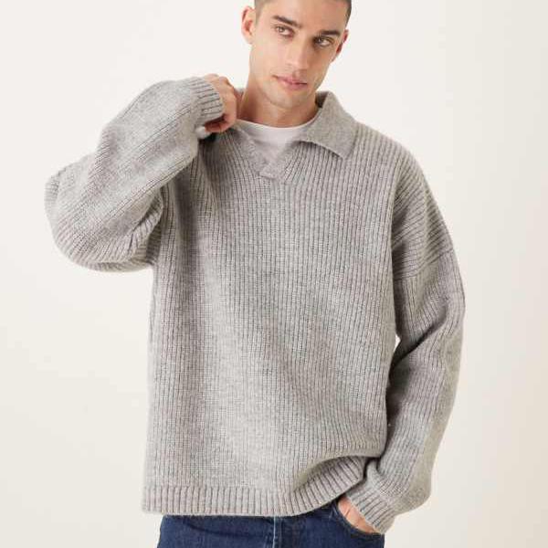 エイソス ASOS asos ASOS DESIGN スーパーオーバーサイズ ボックス席相応う 編み物 フィッシャーマン 肋筋 切れ込みのど首 前掛け 薄墨色 トップス メンズ 成人男性 インポートブランド ごく小さい大きさから大層らしい大きさまで