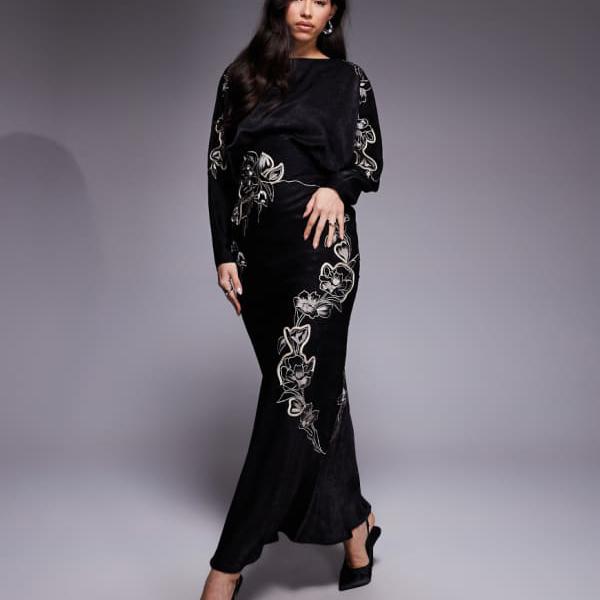 エイソス ASOS asos ASOS DESIGN サテンブルゾン バットウィング マキシドレス（レースアップリケと花柄刺繍入り、ブラック） ワンピース レディース 女性 インポートブランド 小さいサイズから大きいサイズまで｜セレクトショップ　Diva　Closet