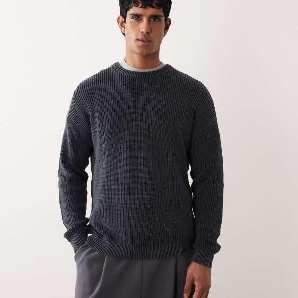 エイソス ASOS asos ASOS DESIGN リラックスニット リブ編み クルーネック ジャンパー（ネイビー アシッドウォッシュ） トップス メンズ 男性 インポートブランド 小さいサイズから大きいサイズまで