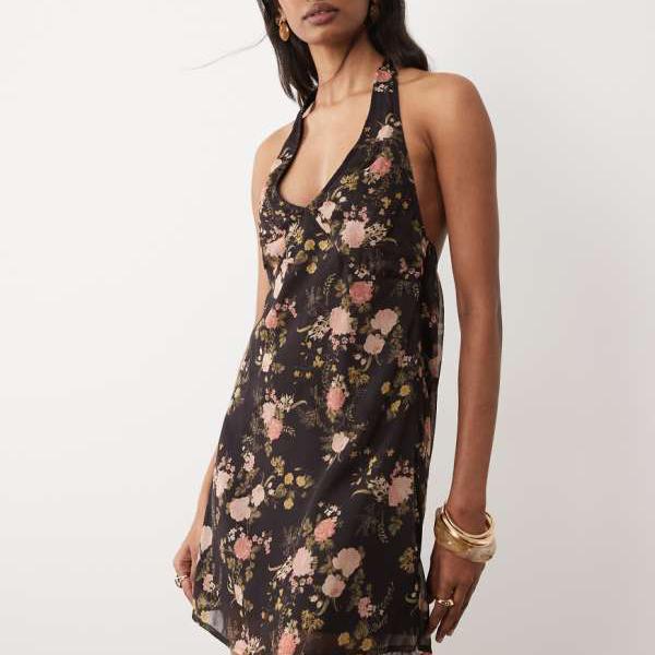 ミスセルフリッジ Miss Selfridge  ミス・セルフリッジのホルターネックミニドレス（花柄刷り上げる） 衣装 レディース 成人女性 インポートブランド 弱められた大きさから馬鹿でかい大きさまで