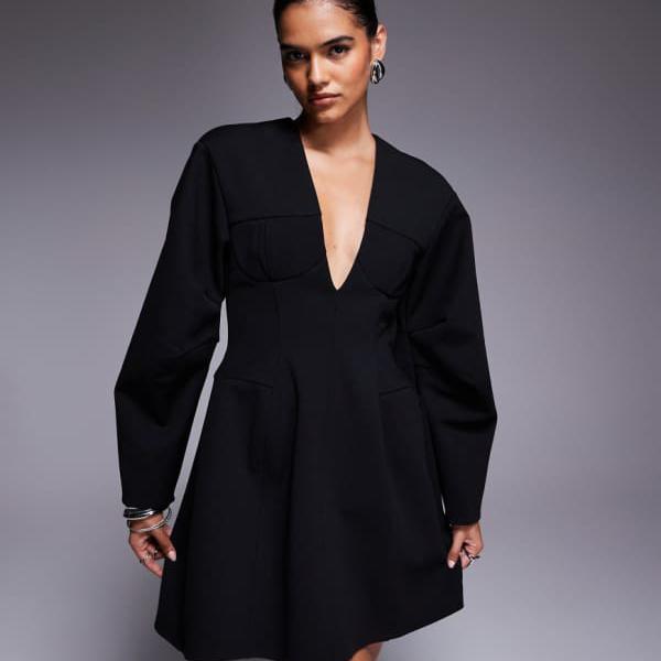 エイソス ASOS asos ASOS DESIGN 構造的なドームスリーブのプランジミニドレス、カップシームディテール付き、ブラック ワンピース レディース 女性 インポートブランド 小さいサイズから大きいサイズまで
