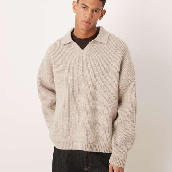 エイソス ASOS asos ASOS DESIGN 超大層らしい大いさ ボックス席相応う 編み物 フィッシャーマン 肋材 切れ込みのど首 前掛け ベージュ トップス メンズ 成人男性 インポートブランド 弱められた大いさから途轍も無い大いさまで トップス-メンズファッション