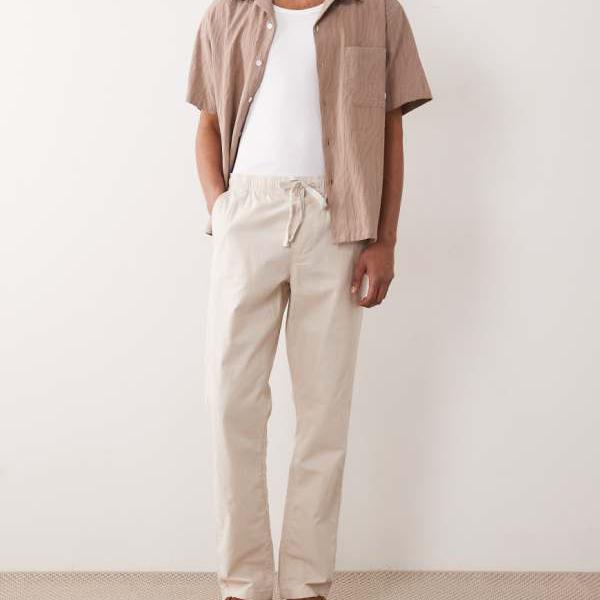 エイソス ASOS asos ASOS DESIGN スリムリネンブレンドパンツ（石ころ色つや） ズボン下 下つ方 メンズ 成人男性 インポートブランド ごく小さい大きさから大層らしい大きさまで