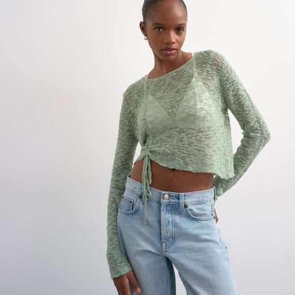 トップショップ Topshop TOPSHOP トップショップのニット素材の細身の長袖ルーシュトップ（セージ色） トップス レディース 女性 インポートブランド 小さいサイズから大きいサイズまで