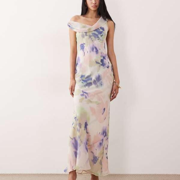 エイソス ASOS asos ASOS DESIGN トール丈、ツイストショルダー、抽象柄シフォンミディドレス ワンピース レディース 女性 インポートブランド 小さいサイズから大きいサイズまで 14,539円