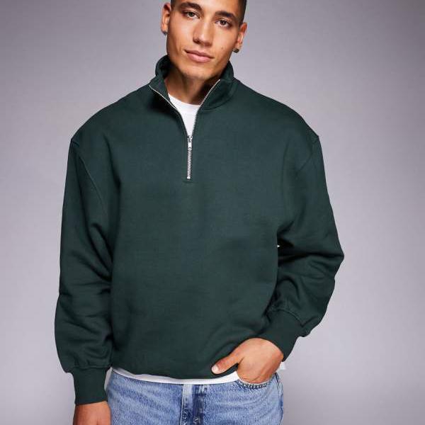 エイソス ASOS asos ASOS DESIGN プレミアムヘビーウェイトオーバーサイズクォータージップスウェットシャツ（400gsm、グリーン） トップス メンズ 男性 インポートブランド 小さいサイズから大きいサイズまで