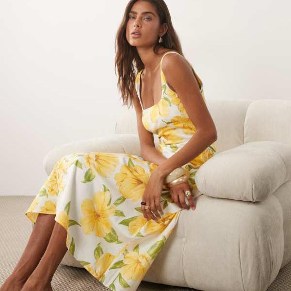 マンゴ MANGO Mango マンゴーコットンミックスのスクープネックマキシドレス、黄色の花柄刷り上げる 衣装 レディース お上さん インポートブランド たわい無い大きさから気が大きい大きさまで