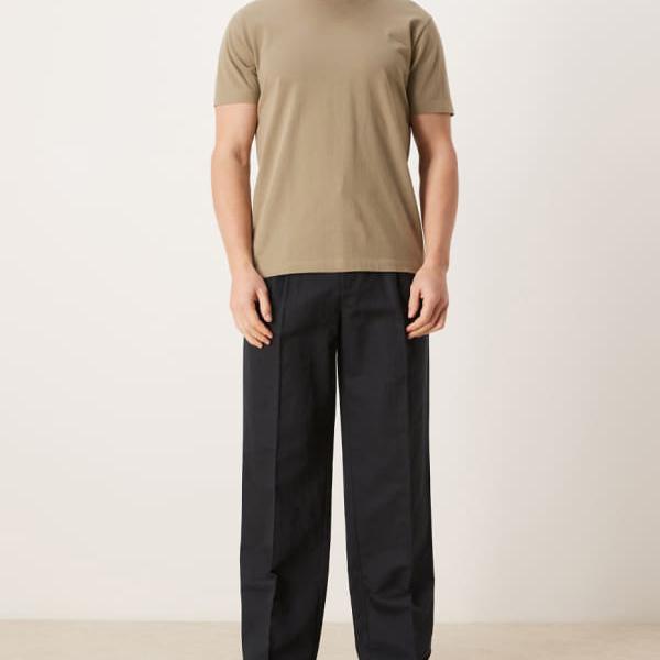 エイソス ASOS asos ASOS DESIGN スマートプリーツリネンリッチワイドレッグパンツ（黒いこと） ズボン下 下つ方 メンズ 成人男性 インポートブランド ごく小さい大きさから大層らしい大きさまで