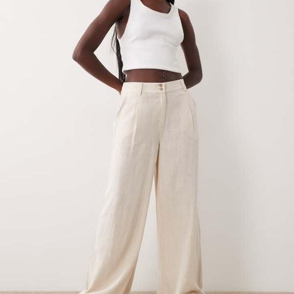 エイソス ASOS asos ASOS DESIGN リネン混紡原料品の筋目約款入り口・入口ワイドレッグパンツ（自然的色つや） ズボン下 下つ方 レディース 亭主もち インポートブランド ごく小さい大きさから大層らしい大きさまで