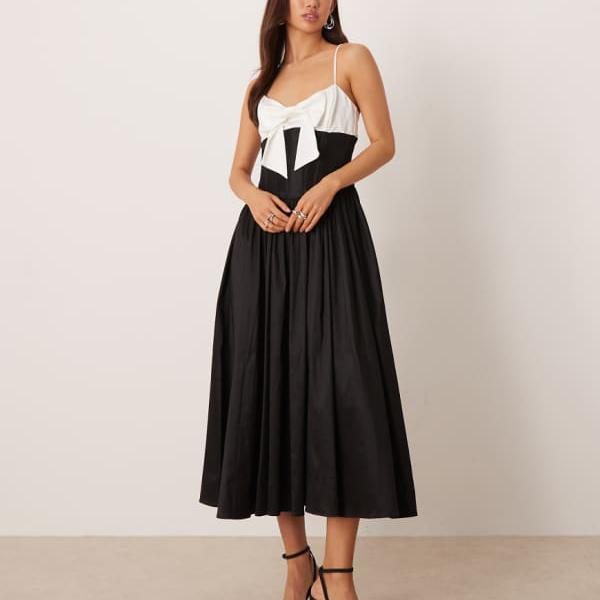 For Love & Lemons のコントラストボウボディス スケーターミディド??レス（ブラック） - ブラック ワンピース レディース 女性 インポートブランド 小さいサイズから大きいサイズまで