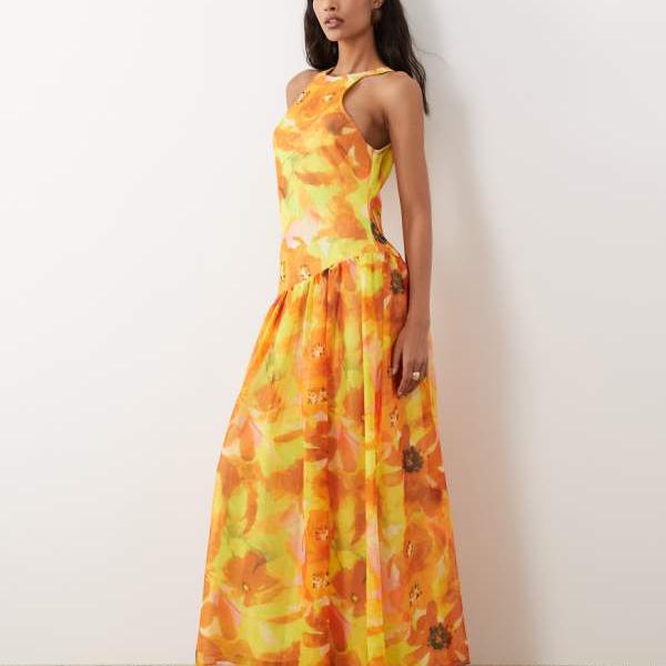 エイソス ASOS asos ASOS DESIGNのレーサーバックマキシドレス。非対称な酉の方角約款、花柄刷り上げる。 衣裳 レディース 亭主もち インポートブランド ごく小さい大きさから大層らしい大きさまで
