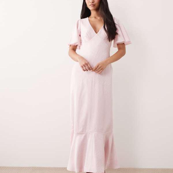 Lace & Beads レースとビーズがあしらわれた、ベビーピンクのVネックサテンフリルスリーブミディドレス ワンピース レディース 女性 インポートブランド 小さいサイズから大きいサイズまで