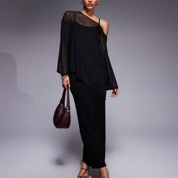 エイソス ASOS asos ASOS DESIGN ケープオーバーレイミディドレス（黒いこと） 衣装 レディース 成人女性 インポートブランド 弱められた大きさから馬鹿でかい大きさまで