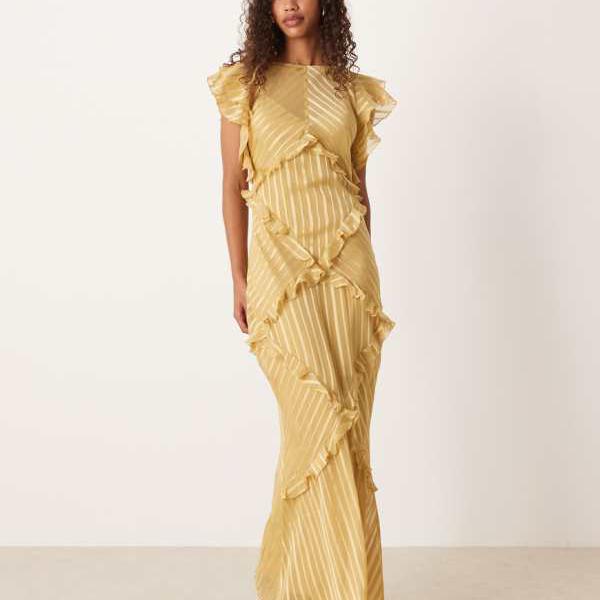 エイソス ASOS asos ASOS DESIGNのフリルボディディテールのイエローストライプマキシドレス 衣装 レディース 成人女性 インポートブランド 弱められた大きさから馬鹿でかい大きさまで