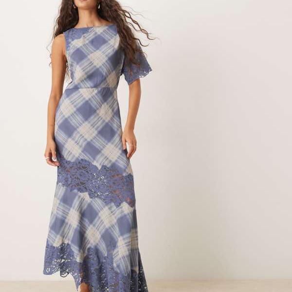 エイソス ASOS asos ASOS DESIGNのブルーチェック柄レースディテールミディドレス ワンピース レディース 女性 インポートブランド 小さいサイズから大きいサイズまで
