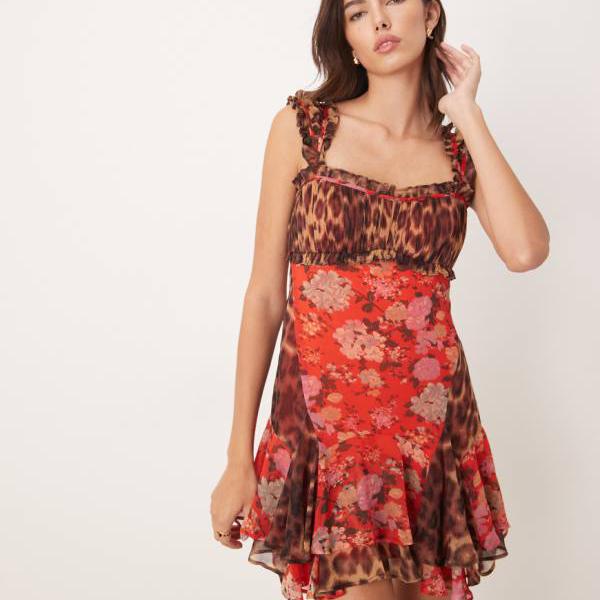 エイソス ASOS asos ASOS DESIGN キャップスリーブ コントラストリボン ラッフルヘム ミニドレス（アニマルフローラルプリント） ワンピース レディース 女性 インポートブランド 小さいサイズから大きいサイズまで