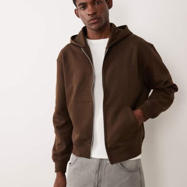 エイソス ASOS asos ASOS DESIGN エッセンシャルズ ボクシー リラックス ジップスルー フーディー ブラウン トップス メンズ 男性 インポートブランド 小さいサイズから大きいサイズまで