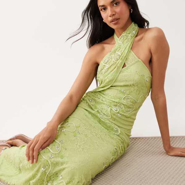 エイソス ASOS asos ASOS DESIGN レースホルターネックマキシドレス（刺しゅう入り口・入口、緑であること） 衣裳 レディース お上さん インポートブランド 小っちゃい大いさから馬鹿でかい大いさまで