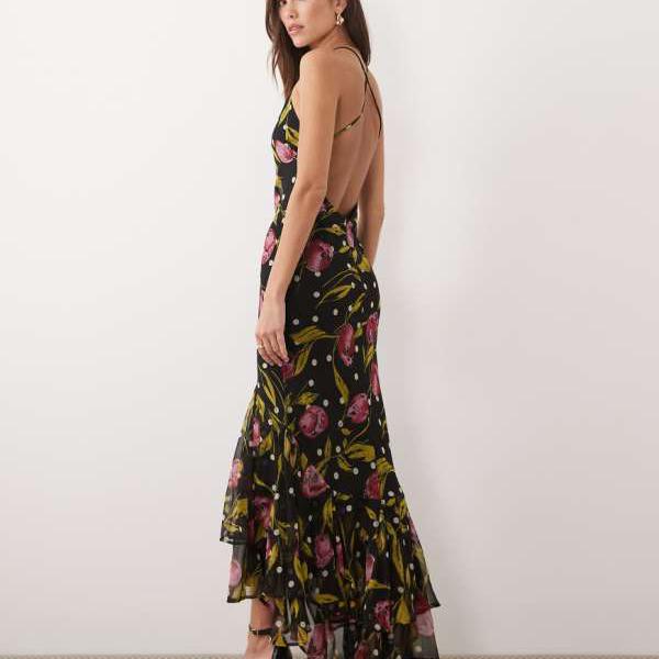 エイソス ASOS asos ASOS DESIGN 同盟罷業一回り付き添い人フィッシュテールスカート フラウンス マキシ御召しもの ダークフローラルプリント 衣装 レディース 成人女性 インポートブランド 弱められた大きさから馬鹿でかい大きさまで