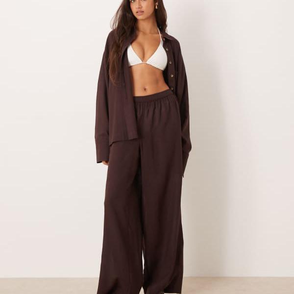 エイソス ASOS asos ASOS DESIGN イパネマ チョコレート色のリネン入りシアービーチパンツ ボトム パンツ レディース 女性 インポートブランド 小さいサイズから大きいサイズまで