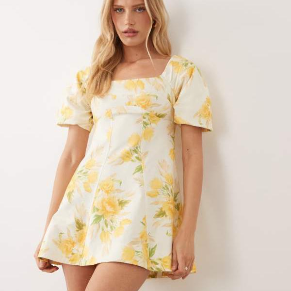 エイソス ASOS asos ASOS DESIGN スクエアネック コットンサテン ミニドレス バックストラップ付き イエロー花柄プリント ワンピース レディース 女性 インポートブランド 小さいサイズから大きいサイズまで