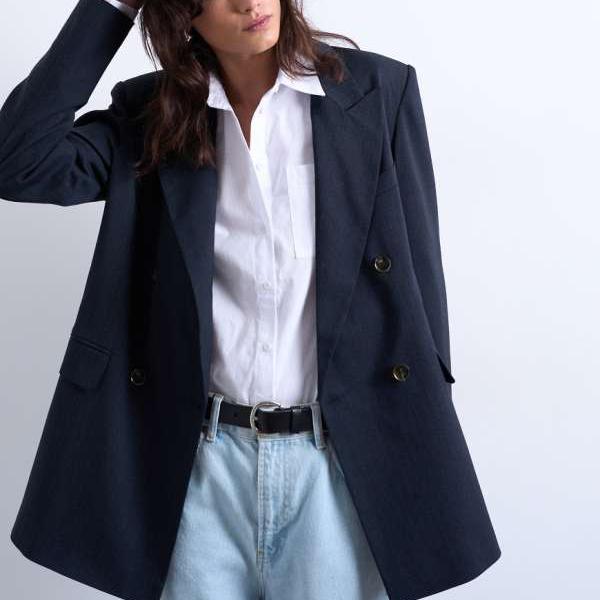 トップショップ Topshop TOPSHOP トップショップ コーデ ダブルブレスト 控えめなピンストライプ オーバーサイズ ブレザー（ネイビー） アウター レディース 女性 インポートブランド 小さいサイズから大きいサイズまで