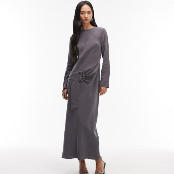 エイソス ASOS asos ASOS DESIGN スラッシュネック ドロップウエスト ベルト付きマキシドレス（チャコールグレー） ワンピース レディース 女性 インポートブランド 小さいサイズから大きいサイズまで