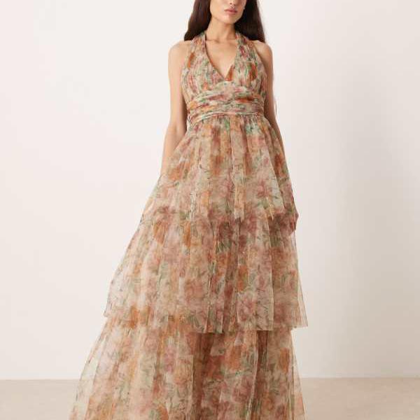 Lace & Beads レース＆ビーズ マーテル チュール ホルターネック ティアード マキシドレス クリーム色 花柄 - クリーム ワンピース レディース 女性 インポートブランド 小さいサイズから大きいサイズまで