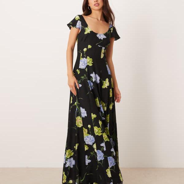 エイソス ASOS asos ASOS DESIGN スコップ素っ首 半袖 マキシ御召しもの（花柄ゴデット付き添い人） 衣装 レディース 成人女性 インポートブランド 弱められた大きさから馬鹿でかい大きさまで
