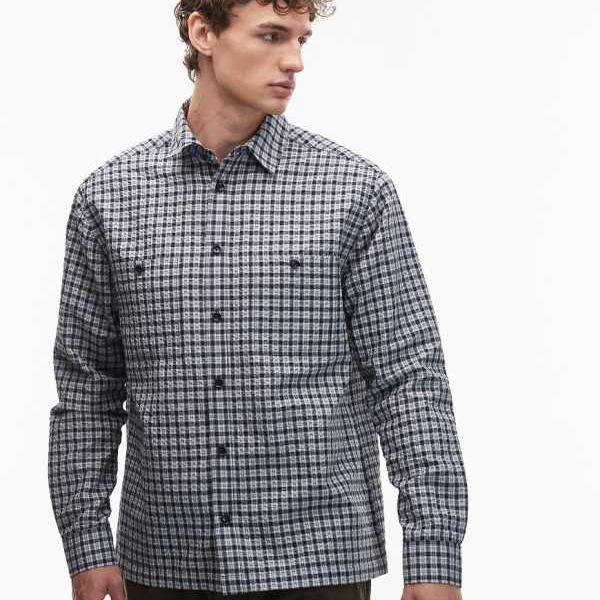 エイソス ASOS asos ASOS DESIGN ポケット付きリラックスマイクロチェックシャツ（ネイビー） トップス メンズ 男性 インポートブランド 小さいサイズから大きいサイズまで