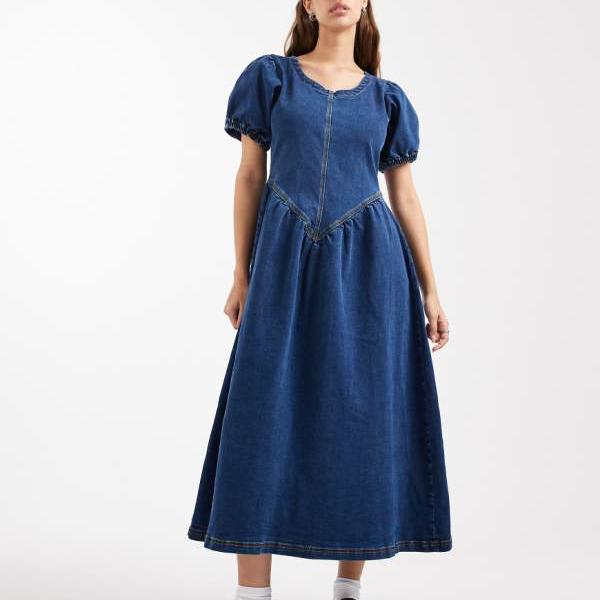 デイジーストリート Daisy Street デイジーストリートのパフスリーブ、ドロップウエスト、インディゴのマキシドレス ワンピース レディース 女性 インポートブランド 小さいサイズから大きいサイズまで