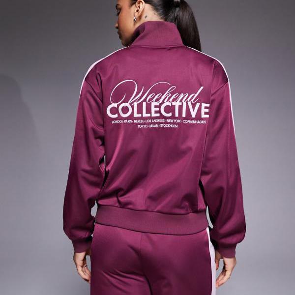 Weekend Collectiveのジップスルーポリトリコットトラックスーツトップ（バーガンディ） ボトム パンツ レディース 女性 インポートブランド 小さいサイズから大きいサイズまで