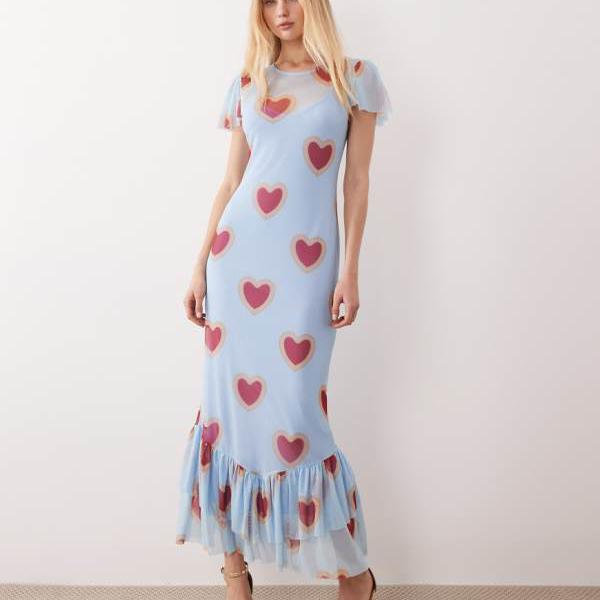 ネバーフリードレス Never Fully Dressed Never Fully Dressed Valentines メッシュ フラッタースリーブ マキシドレス（ベビーブルー ハートプリント） ワンピース レディース 女性 インポートブランド 小さいサイズから大きいサイズまで