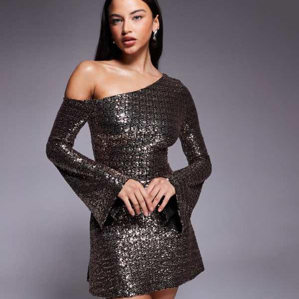 エイソス ASOS asos ASOS DESIGN オフショルダー スパンコール エンジェルスリーブ ミニドレス（ゴールド） ワンピース レディース 女性 インポートブランド 小さいサイズから大きいサイズまで