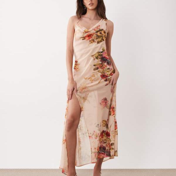 エイソス ASOS asos ASOS DESIGNのピンクの花柄プリントのアシンメトリーネックラインのミディ丈スリップドレス ワンピース レディース 女性 インポートブランド 小さいサイズから大きいサイズまで
