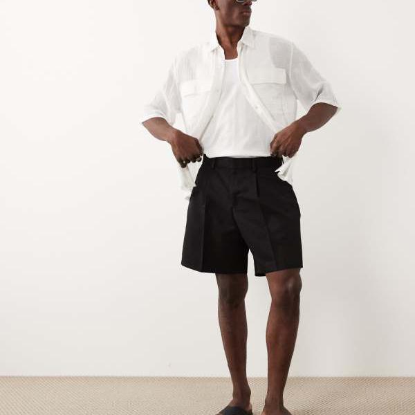エイソス ASOS asos ASOS DESIGN スマートプリーツワイドショーツ（黒いこと） ズボン下 下つ方 メンズ 成人男性 インポートブランド ごく小さい大きさから大層らしい大きさまで