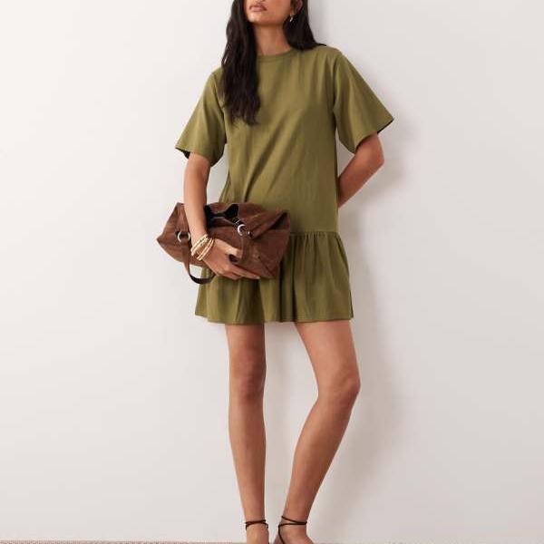 エイソス ASOS asos ASOS DESIGN ドロップウエストミニドレス（カーキ） ワンピース レディース 女性 インポートブランド 小さいサイズから大きいサイズまで
