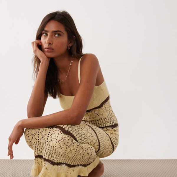 ミスセルフリッジ Miss Selfridge ミス・セルフリッジのストライプ柄クロシェマキシドレス（バターカラー） ワンピース レディース 女性 インポートブランド 小さいサイズから大きいサイズまで