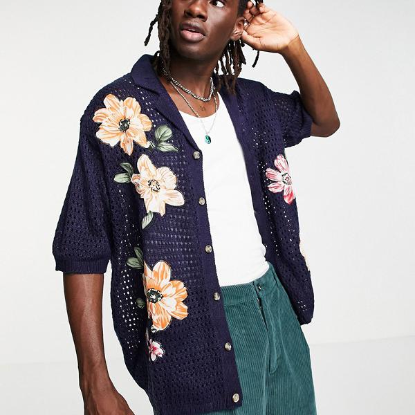 エイソス Asos Asos Asosdesignニットメッシュボタンスルーシャツ ネイビーの花柄織り トップス メンズ 男性 インポートブランド 小さいサイズから大きいサイズまで Fmcholollan Org Mx