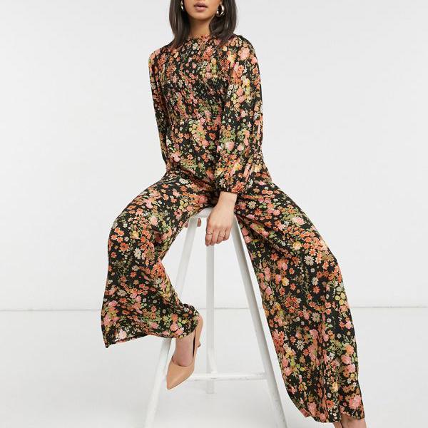 返品不可 オールインワン サロペット Asos エイソス Asos 小さいサイズから大きいサイズまで インポートブランド 女性 レディース オールインワン Asosdesignシャーリングジャンプスーツの温かみのあるフローラルプリント Hamrahtrader Com
