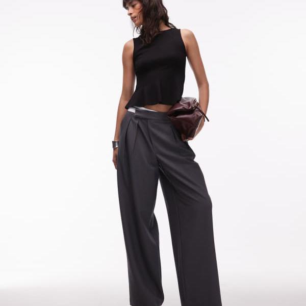 エイソス ASOS asos ASOS DESIGN DECON テーラード ワイドレッグ デコンストラクト コントラストウエストバンド トラウザーズ グレー パンツ ボトム レディース 女性 インポートブランド 小さいサイズから大きいサイズまで