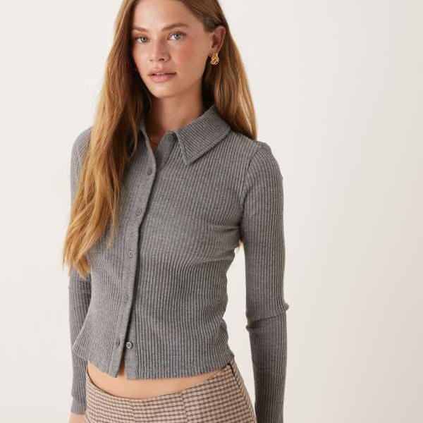エイソス ASOS asos ASOS DESIGN スーパーソフト シュランケン ブッシュド リブカラー カーディガン - チャコール マール - チャコール トップス レディース 女性 インポートブランド 小さいサイズから大きいサイズまで