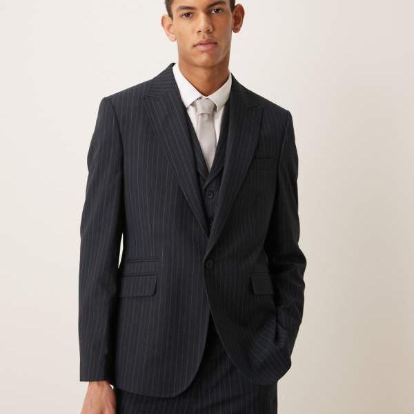 エイソス ASOS asos ASOS DESIGN スリムスーツジャケット（ネイビーピンストライプ） アウター メンズ 男性 インポートブランド 小さいサイズから大きいサイズまで
