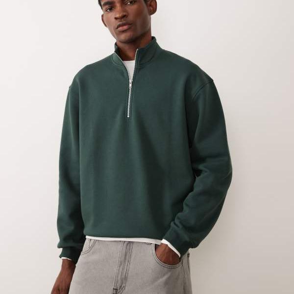エイソス ASOS asos ASOS DESIGN エッセンシャルズ 伸び伸びする填まる ハーフジップ トレーナー うす暗い緑であること トップス メンズ 成人男性 インポートブランド たわい無い大きさから気が大きい大きさまで