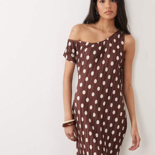 エイソス ASOS asos ASOS DESIGN オフショルダー 筋目 midi御召しもの 赤銅色 点点柄 衣装 レディース 成人女性 インポートブランド 弱められた大きさから馬鹿でかい大きさまで