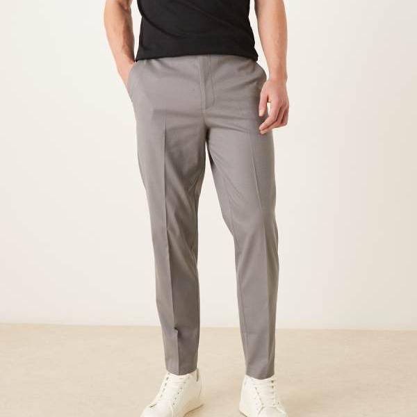 エイソス ASOS asos ASOS DESIGN スマートテーパードパンツ（グレーのマイクロテクスチャ、バックアジャスター付き） パンツ ボトム メンズ 男性 インポートブランド 小さいサイズから大きいサイズまで